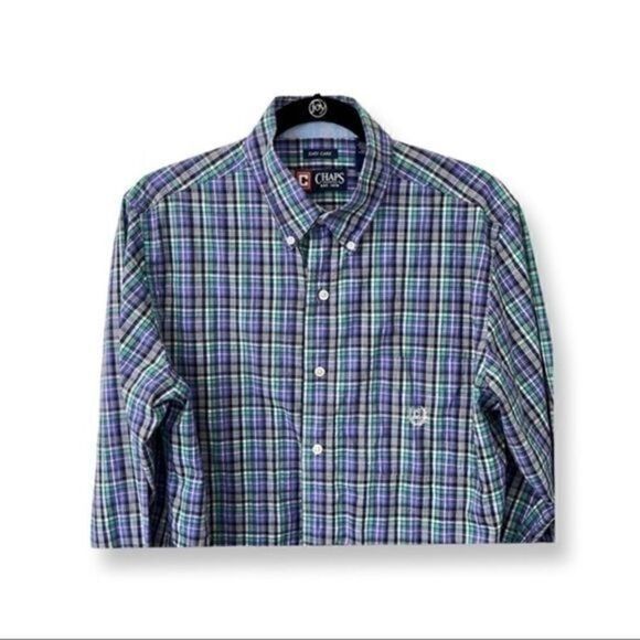 Chaps Easy Care Button Down Shirt. Purple and green plaid. Size medium. - Picture 1 of 4